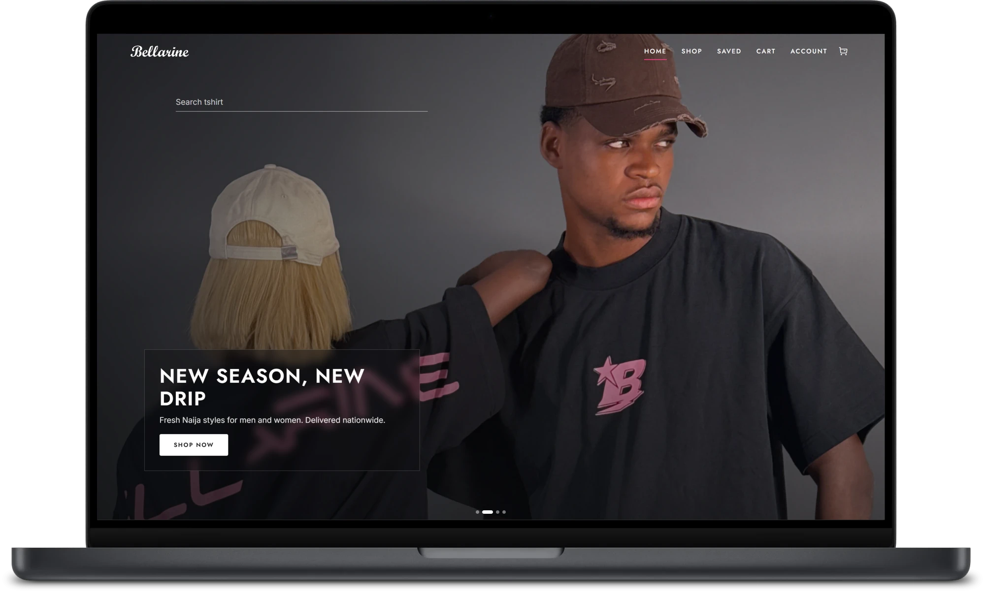 A responsive e-commerce storefront shown on a laptop