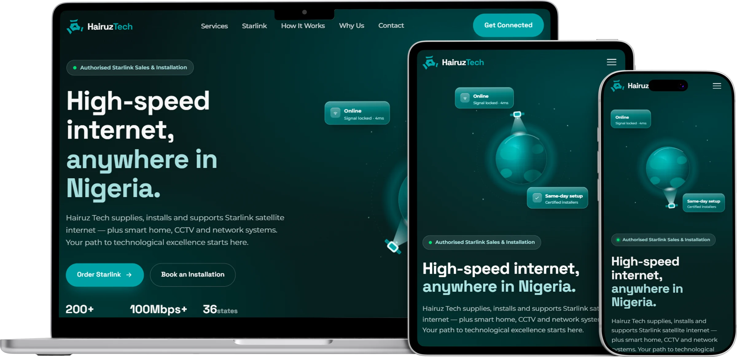 A responsive web platform shown on a laptop, tablet and phone